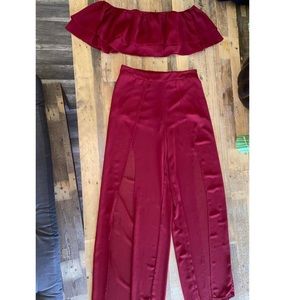 red crop top & pants set with slit on both legs